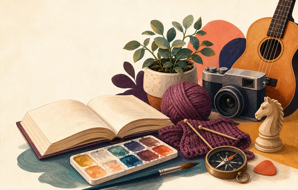 An open notebook surrounded by hobby things: watercolours, knitting, a camera, a ukulele, a chess knight and a compass.