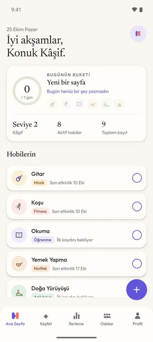 Ana Sayfa: bir selam, bu hafta yazılan günleri sayan bir halka ve her hobi için bugünü kaydetmeye yarayan bir daire içeren bir kart.